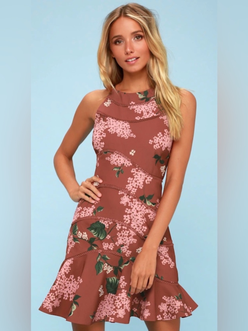 KEEPSAKE the Label Dusty Rose Floral Halter Midi Dress